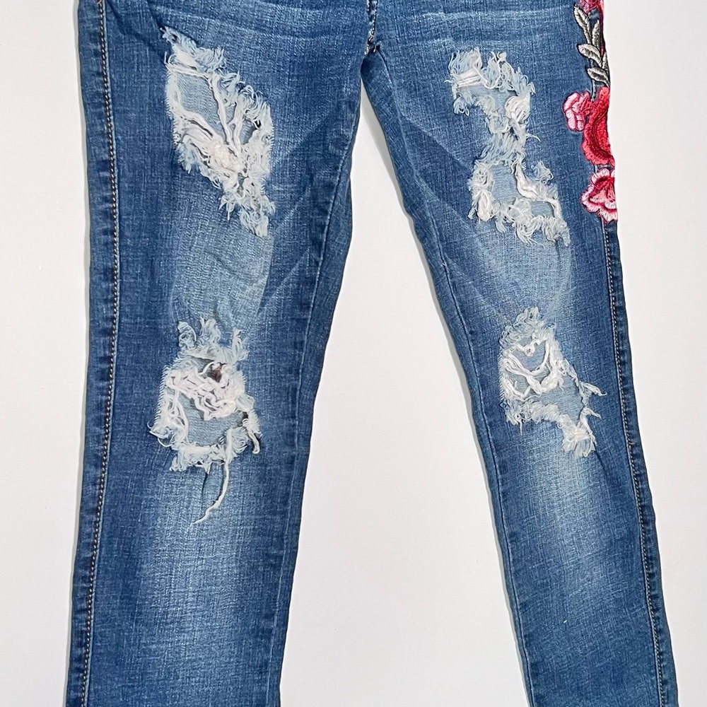 Machine Blue Straight Leg Jeans with Distressing